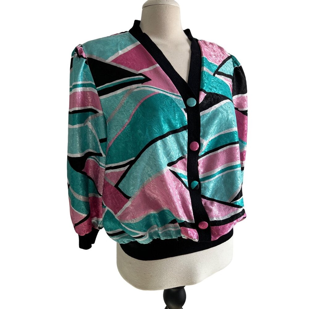Vintage Anastasia Silky Bright VNeck Blouse Sz Medium Petite Colorful Pink & Bla - Picture 9 of 14